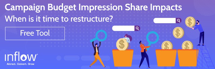 Campaign Budget Impression Share Impacts. When is it time to restructure? Free Tool. Logo: Inflow. Attract. Convert. Grow.