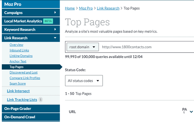 Moz Top Pages Moz Pro screenshot. Home > Moz Pro > Link Research > Top Pages. A search bar with the dropdown root domain displays the U R L: http://www/1800contacts.com.