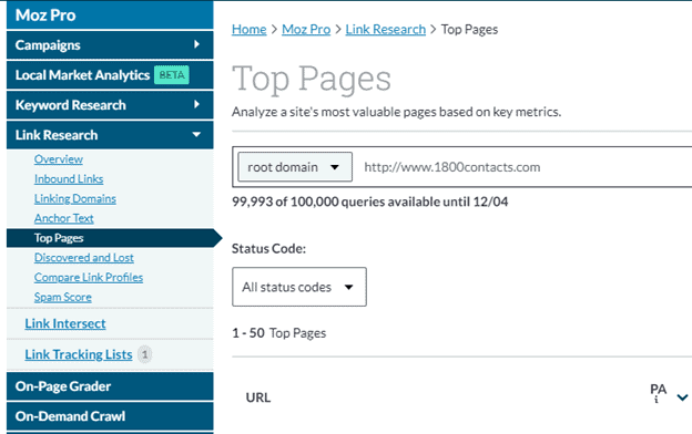 Moz Pro screenshot. Home > Moz Pro > Link Research > Top Pages. A search bar with the dropdown root domain displays the U R L: http://www/1800contacts.com. 