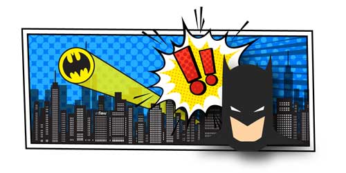 An illustration of Batman with a thought bubble displaying two exclamation marks. In the background, a city projects a batman symbol on the sky. 