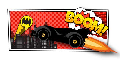 An illustration of the bat mobile going towards a city with the batman sign projecting on the sky. Text states: Boom!