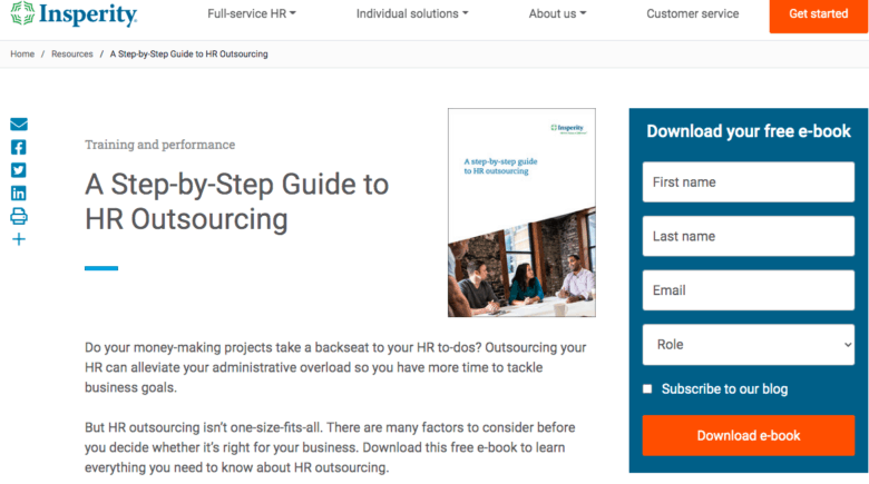 Insperity website. Text at the center states: A Step-by-Step guide to H R Outsourcing. A section on the right titled Download your Free e-book includes text fields for first name, last name, email, and role.