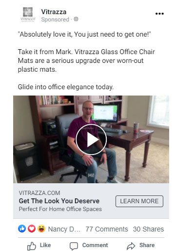 A Vitrazza Facebook ad. Text at the top quotes Mark and briefly advertises the product. A video below the text features Mark. Text overlay is at the bottom of the video. 