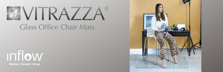 Logo: Vitrazza. Glass office chair mats. Logo: Inflow. Attract. Convert. Grow.