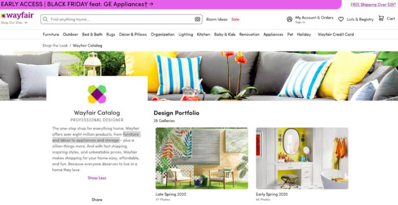 WayfairCatalog Wayfair catalog webpage. Text near the top states: Design Portfolio. 26 Galleries.
