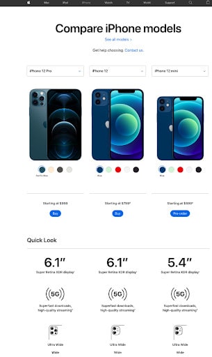 Apple website. Text at top states: Compare iPhone models. Three models are displayed in a horizontal row. Beneath each model is a price and a section titled Quick Look with each phones' features. 