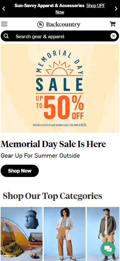 Backcountry.com mobile menu. Search bar appears at the top of the screen, with caption: Search gear and apparel.