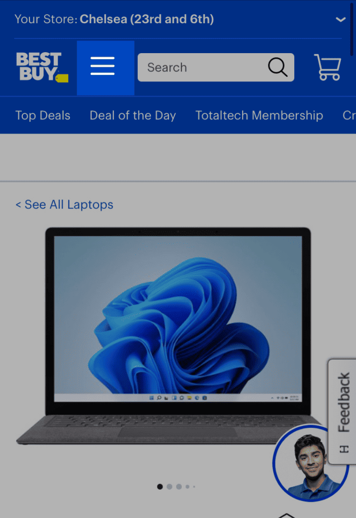 BestBuy.com mobile homepage. Highlighted is the hamburger menu icon.