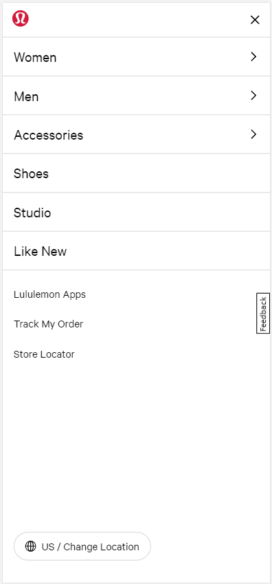 Lululemon.com mobile homepage. Expanded hamburger menu. Options: Women. Men. Accessories. Shoes. Studio. Like New. Lululemon Apps. Track My Order. Store Locator.