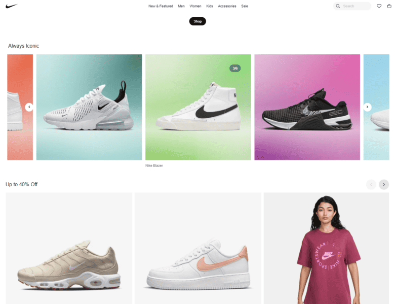 Nike.com homepage. Categories: Always Iconic. Up to 40% Off.