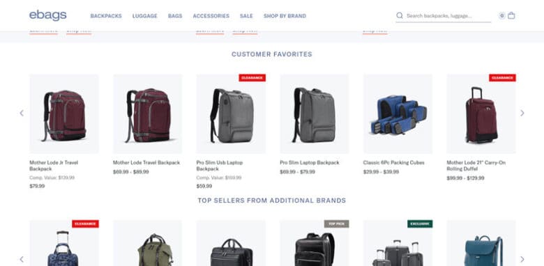 ebags-desktop-1 Ebags desktop product page screenshot. Products are displayed under two categories titled: Customer Favorites and Top sellers from additional brands.
