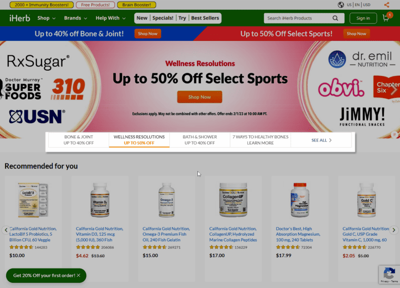 iHerb.com desktop homepage. Highlighted options under hero image: Bone and Joint, Up to 40% Off. Wellness Resolutions, Up to 50% Off. Bath and Shower, Up to 40% Off. 7 Ways to Healthy Bones, Learn More. See All.