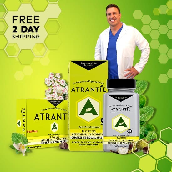 USE-ME-Atrantil1-2 A photograph of Dr. Brown overlaid by three packages of Atrantil. Text on the photograph states: Free 2 Day Shipping.