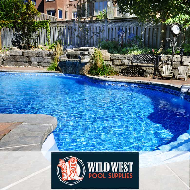 A photograph of a pool in a yard. Logo: Wild West Pool supplies. 