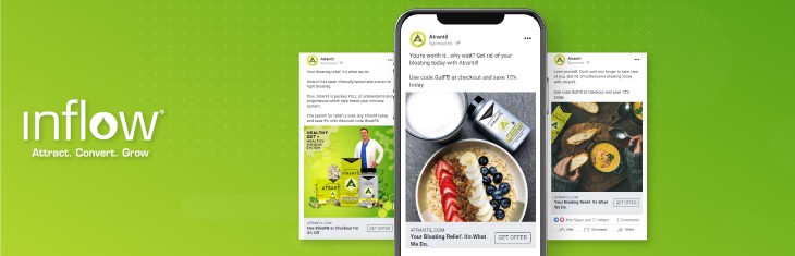 A photograph of a smartphone displaying a Facebook ad for Atrantil. Two additional Facebook ads for Atrantil are on either side of the phone. Logo: Inflow. Attract. Convert. Grow