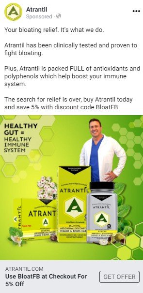 An Atrantil Facebook ad. Text discusses Atrantil's clinical testing and provides a discount code. Below the text, a photograph features the founder, Dr. Brown, overlaid by three packages of Atrantil. Text on the photograph states: Healthy gut equals healthy immune system. 