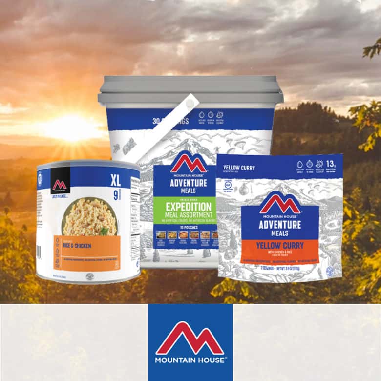 A photograph of three Mountain House meals overlaid on an outdoor scene. Logo: Mountain House. 