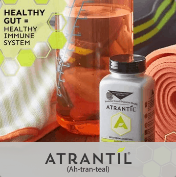 A photograph of an Atrantil bottle with a glass container with measurement lines and a yoga mat in the background. Text states: Healthy gut equals healthy immune system. Logo: Atrantil (Ah-tran-teal). 