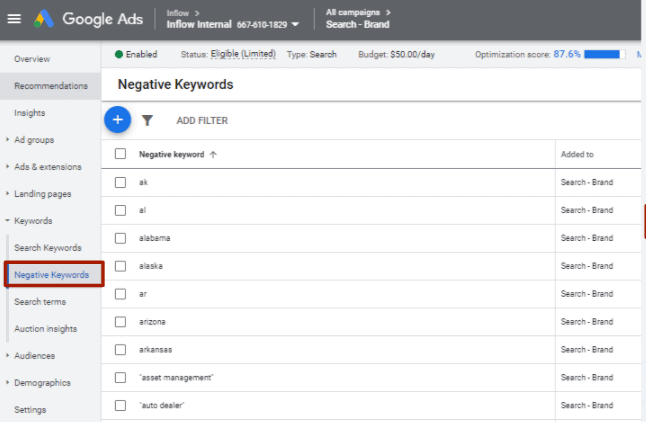Negative Keywords Google Ads Google Ads webpage. In the left hand pane, the Keywords drop down list is displayed. Negative Keywords is highlighted.
