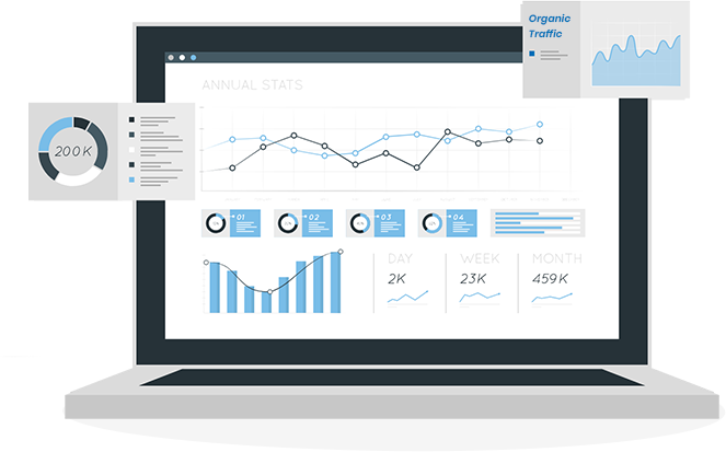 An illustration of a laptop screen displaying a page labeled Annual Stats. The page consists of different graphs and charts. Two graphs overlay the screen. One is titled Organic Traffic. 