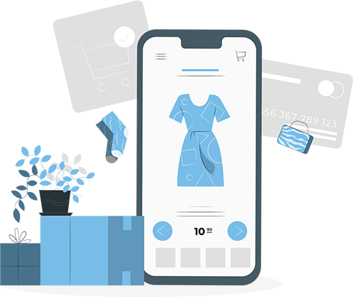 ecommerce-migrations An illustration of a smartphone displaying a dress with the price. The phone is surrounded by a sock, a purse, a credit card, a shopping cart, boxes and a plant.