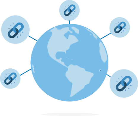 link-building An illustration of a globe with link icons extending from different positions on the globe.