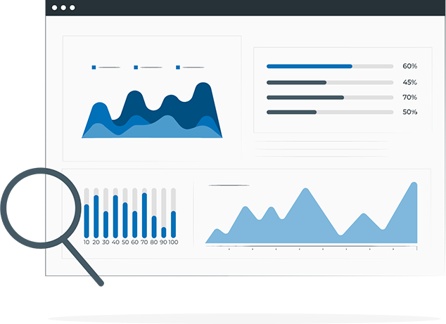 An illustration of a computer monitor displaying four types of graphs and charts. 