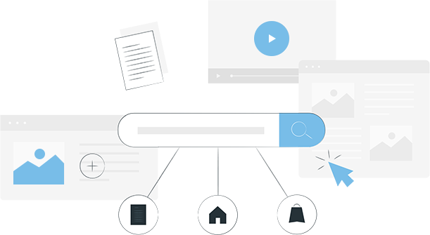 An illustration of a search bar connected to home, shopping and report icons. The bar is surrounded by webpages and a video. 