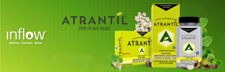 Logo: Atrantil (Ah-Tran-Teal). A photograph of three Atrantil products. Logo: Inflow. Attract. Convert. Grow.