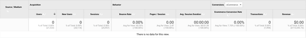 Google Analytics Source/Medium report table. The source/medium column is empty. All other columns data is 0. 