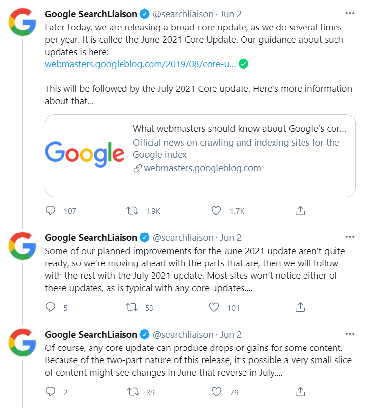 rp_Google-Twitter-announcement.png Three Google SearchLiason Twitter posts dated Jun 2. Each post discusses the June 2021 and July 2021 core update.