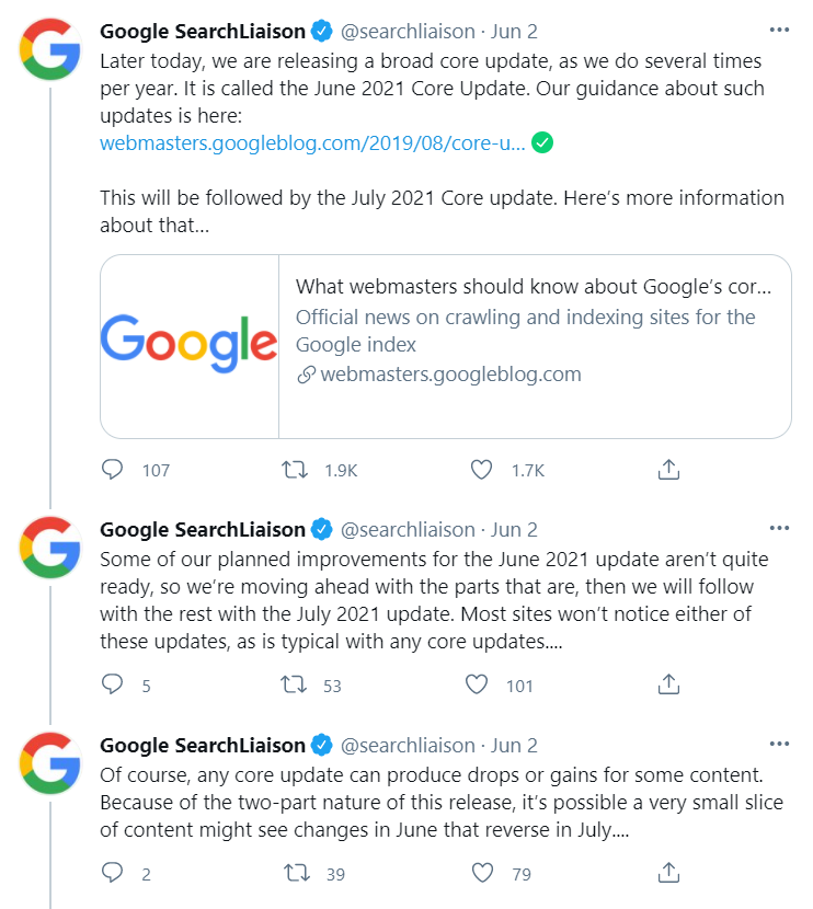 Three Google SearchLiason Twitter posts dated Jun 2. Each post discusses the June 2021 and July 2021 core update. 