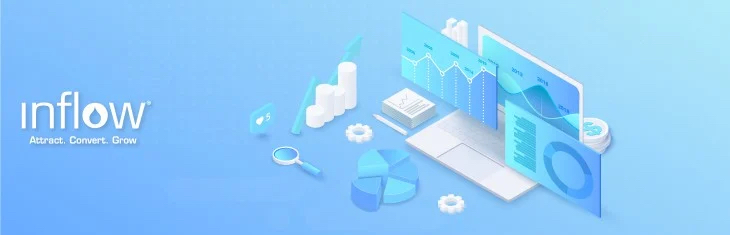 An illustration of a laptop displaying a graph and surrounded by different types of graphs and charts, a magnifying glass, gears, a printed report and coins. Logo: Inflow. Attract. Convert. Grow.