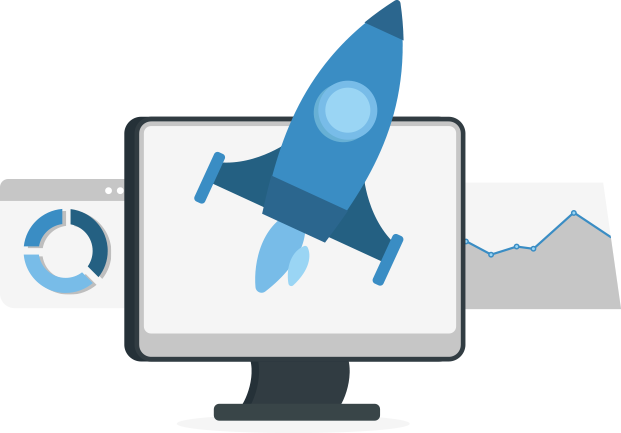 agile-on-field An illustration of a computer screen surrounded by a rocket ship and two graphs.