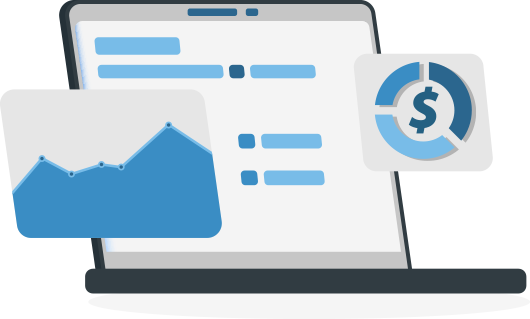 An illustration of a laptop screen displaying information. Overlaid on the screen are two graphs and a dollar symbol. 