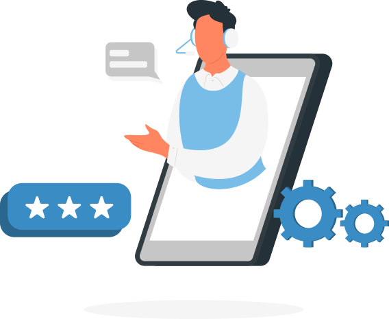 direct-access-to-stragegist An illustration of a person wearing a headset extending out from a smartphone screen. The smartphone is surrounded by stars, gears, and a conversation bubble.