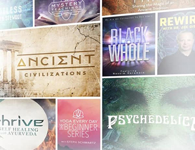 A collage of nine video title posters.