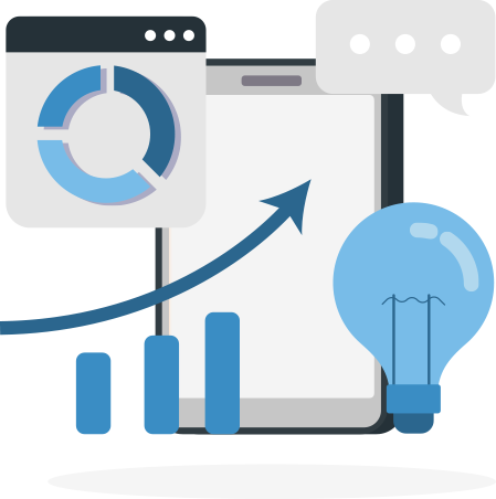integrated-approach An illustration of smartphone overlaid by two graphs, an increasing graph line, a light bulb and a conversation bubble.