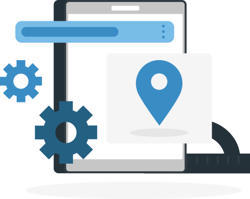 paid-advertising-solution An illustration of a smartphone, a location pin, and gears.