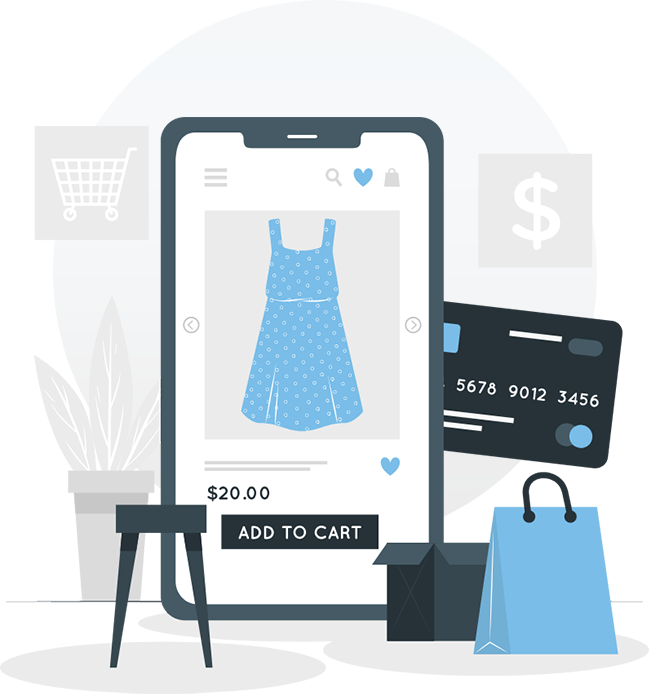 shop-graphics An illustration of a smartphone displaying a dress with the price and a button labeled Add to Cart. Surrounding the phone is a credit card, shopping bag, box, shopping cart, and money sign.
