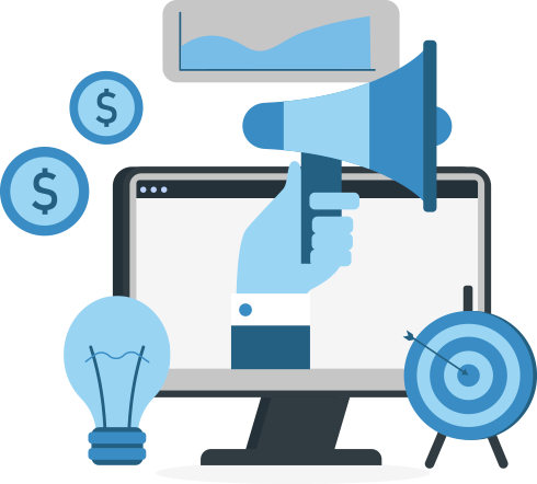 An illustration of an arm holding a bullhorn extending from a computer monitor. The monitor is surrounded by a bull's eye with an arrow at the center, a light bulb, coins and a graph. 