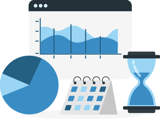 An illustration of a calendar, hourglass, a line graph and a pie chart. 