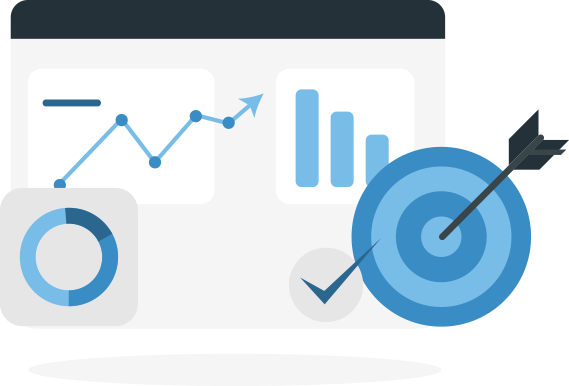 An illustration of a screen displaying three graphs and overlaid by a bull's eye and a checkmark. 