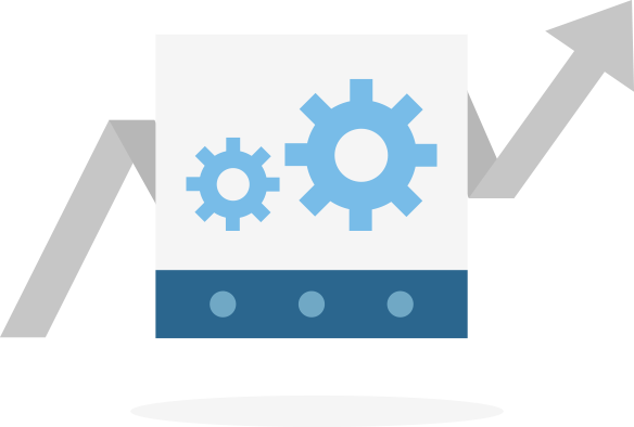 An illustration of two gears overlaid on an increasing graph line. 