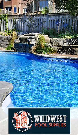 A photograph of a pool in a yard. Logo: Wild West Pool supplies. 