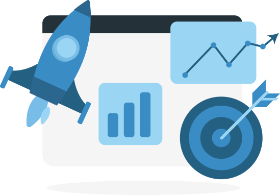 An illustration of a laptop overlaid by a rocket ship, two graphs and a bull's eye. 