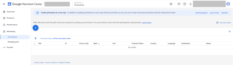 Google Merchant Center Promotions tab. In the left pane, Promotions is highlighted under the Marketing drop down list. 