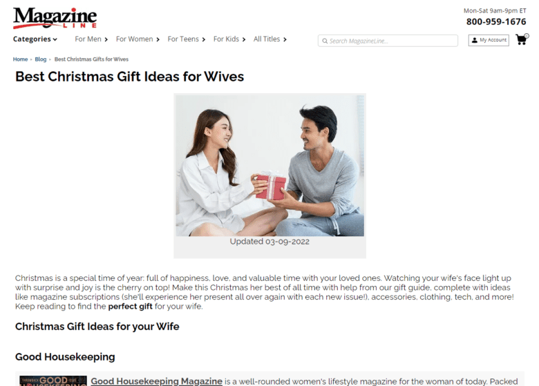 Magazine Line article: Best Christmas Gift Ideas for Wives. Photo of an Asian man giving a woman a wrapped present. Headers: Christmas Gift Ideas for Your Wife. Good Housekeeping.