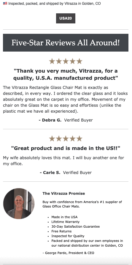 Vitrazza Memorial Day email campaign. A banner near the top states: Five-Star Reviews All Around! Beneath are two  five-star reviews each mentioning made in the U S A in the title of the review. Below the reviews is a message from the C E O titled The Vitrazza Promise. The first bullet in the message states: Made in the U S A. 