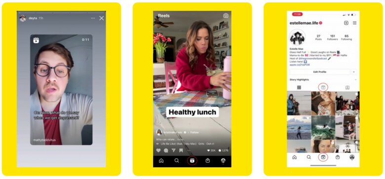 Reels placements Three Instagram screenshots show three ways to display reels from left to right: Instagram Stories, Reels Tab, an icon on a user profile.